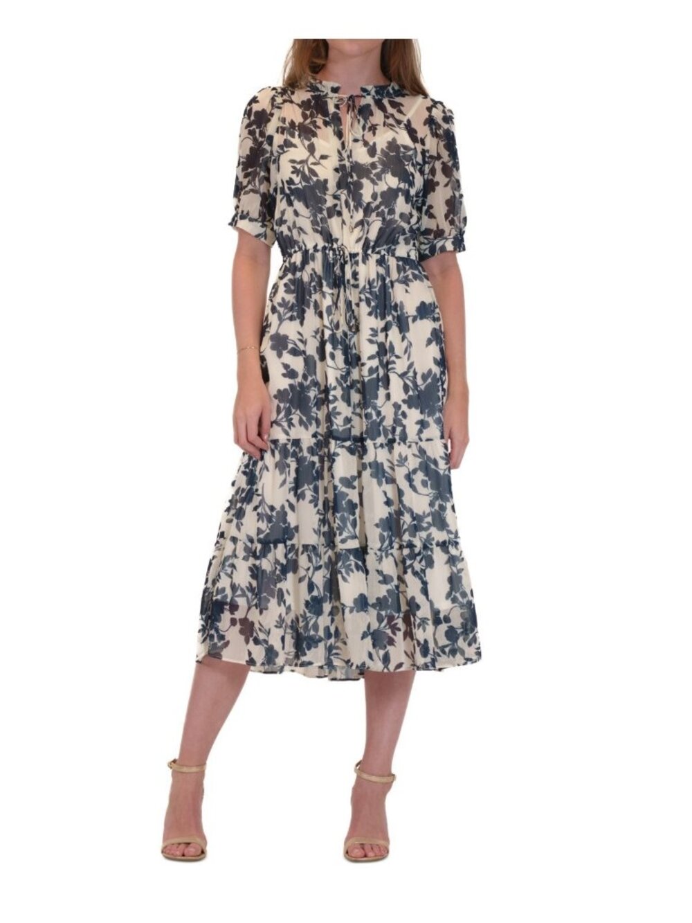 julia jordan Tie-Neck Short Sleeve Tiered Chiffon Dress Ivory Blue Size S $119